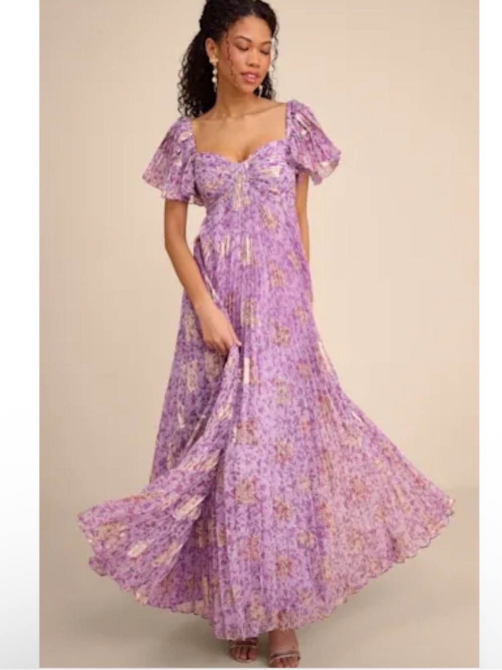 Lulus Lynwen Light Purple Abstract Pleated Flutter Sleeve Maxi Dress Size Medium